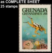 CV:€9.00 Grenada Grenadines 1985 Diving 15c COMPLETE SHEET:20 Marine Life Fish - Buceo