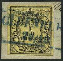 OLDENBURG 4a BrfStk, 1852, 1/10 Th. Schwarz Auf Hellgelb, Blauer R2 OLDENBURG, Prachtbriefstück, Mi. 120.- - Oldenbourg
