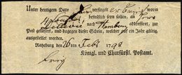 SCHLESWIG-HOLSTEIN RATZEBURG, Ortsdruck Auf Einlieferungsschein: Unter Heutigem Dato.... (1798), Pracht - Schleswig-Holstein