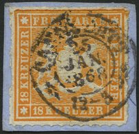 WÜRTTEMBERG 34 BrfStk, 1867, 18 Kr. Orangegelb, K1 CANNSTATT, Prachtbriefstück, Gepr. U.a. Drahn, Mi. (1000.-) - Altri & Non Classificati