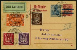 Dt. Reich 210,212/3 BRIEF, 1922, 25, 50 Und 60 Pf. Holztaube Auf P 134I/02, Luftpostkarte Von MÜNCHEN Nach Nürnberg, Fei - Gebraucht