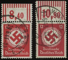 DIENSTMARKEN D 172a,bWOR O, 1944, 12 Pf., Beide Farben, Ohne Wz., Walzendruck, 2 Oberrandstücke, Pracht (1x Rückseitig B - Dienstmarken