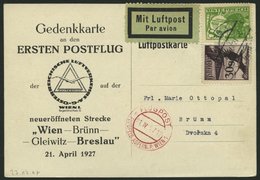 ERST-UND ERÖFFNUNGSFLÜGE 27.17.07 BRIEF, 21.4.1927, Wien-Brünn, Prachtkarte - Zeppelin