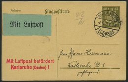 LUFTPOSTBESTÄTIGUNGSSTPL 59-02a BRIEF, KARLSRUHE 1, L2 In Rot, Flugpostkarte Von BADEN-BADEN Nach Karlsruhe, Pracht - Correo Aéreo & Zeppelin