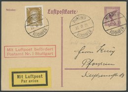 LUFTPOSTBESTÄTIGUNGSSTPL 99-03a BRIEF, STUTTGART, R2 In Rot, Luftpostkarte Von MÜNCHEN Nach Pforzheim, Pracht - Correo Aéreo & Zeppelin