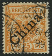 DP CHINA 5IaPFII O, 1898, 25 Pf. Gelblichorange Diagonaler Aufdruck Mit Plattenfehler I In Reichspost Oben Gespalten, Pr - Cina (uffici)