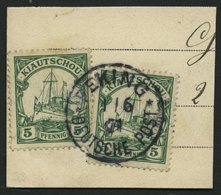 DP CHINA P VIb BRIEF, Petschili: 1901, 5 Pf. Kiautschou, 2x Auf Postkartenabschnitt, Stempel PEKING, Pracht - China (oficinas)