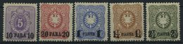 DP TÜRKEI 1-5Na *, 1891, 10 PA. Auf 5 Pf. - 21/2 PIA. Auf 50 Pf., Nachdruck, Falzrest, Prachtsatz, Mi. 205.- - Turquie (bureaux)