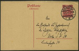 FREIE STADT DANZIG P 9F BRIEF, 1920, 30 Auf 10 Pf. Karmin, Frageteil, Stempel DANZIG 5 K, Prachtkarte Nach Berlin - Altri & Non Classificati