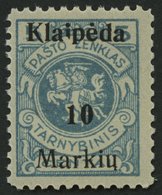 MEMELGEBIET 129IPF I **, 1923, 10 M. Auf 5 C. Grünlichblau, Aufdruck Ohne (Memel) Und Doppelbalken, Mit Abart I In Klaip - Memelgebiet 1923