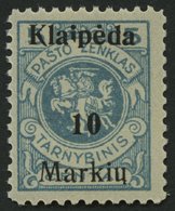 MEMELGEBIET 129IPF I **, 1923, 10 M. Auf 5 C. Grünlichblau, Aufdruck Ohne (Memel) Und Doppelbalken, Mit Abart I In Klaip - Klaipeda 1923