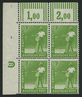 ALLIIERTE BES. 946DZ **, 1947, 10 Pf. Grün Mit Druckereizeichen 8 (negativ) Im Oberen Linken Eckrandviererblock, Pracht - Otros & Sin Clasificación