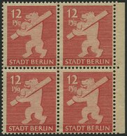 BERLIN UND BRANDENBURG 5AAwax VB **, 1945, 12 Pf. Mittelkarminrot, Graurosa Papier, Glatter Gummi, Im Randviererblock, P - Other & Unclassified
