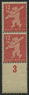 BERLIN UND BRANDENBURG 5AAwaxL **, 1945, 12 Pf. Mittelkarminrot, Graurosa Papier, Glatter Gummi, Im Senkrechten Paar, Un - Altri & Non Classificati