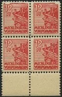 MECKLENBURG-VORPOMMERN 36zz VB **, 1946, 12 Pf. Rot, Dünnes Papier, Diagonal Genetzte Gummierung, Im Viererblock Vom Unt - Autres & Non Classés