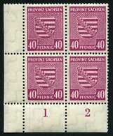 PROVINZ SACHSEN 84Xa VB **, 1945, 40 Pf. Dunkellilarosa, Wz. 1X, Im Unteren Linken Eckrandviererblock, Dabei Plattenfehl - Autres & Non Classés