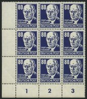 DDR 339PFIII **, 1952, 80 Pf. Thälmann Mit Plattenfehler Fleck Am Kinn Und Strich Am Kragen (Feld 73) Im Neunerblock Aus - Used Stamps