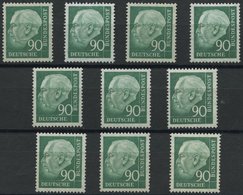 ENGROS 265xv **, 1957, 90 Pf. Heuss II, Geriffelter Gummi, 10x, Fast Nur Pracht, Mi. 380.- - Abarten Und Kuriositäten