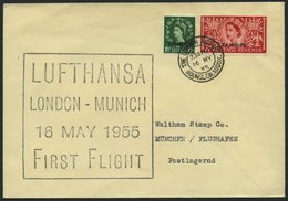 DEUTSCHE LUFTHANSA 29 BRIEF, 16.5.1955, London-München, Schwarz-violetter Stempel, R!, Frankiert Mit Brit.Post In Tanger - Covers & Documents