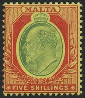 MALTA 40 *, 1911, 5 Sh. Karmin/hellgrün Auf Gelb, Falzrest, Pracht, Mi. 90.- - Malta