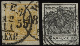 ÖSTERREICH 1,2X O, 1850, 1 Kr. Gelb Und 2 Kr. Schwarz, Handpapier, 2 Prachtwerte, Mi. 220.- - Gebraucht