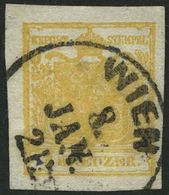 ÖSTERREICH 1XaDG O, 1850, 1 Kr. Ockergelb, Handpapier, Type Ib, Doppelseitiger Druck, K1 WIEN, Breitrandiges Kabinettstü - Oblitérés