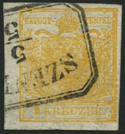 ÖSTERREICH 1Xb O, 1850, 1 Kr. Orange, Handpapier, Type Ib, Ungarischer R3 SZENITZ, Pracht - Oblitérés