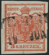 ÖSTERREICH 3X O, 1850, 3 Kr. Rot, Handpapier, Randdruck Links, Mit Seltenem Ungarischen R2 WESPRI(M), Pracht - Usados