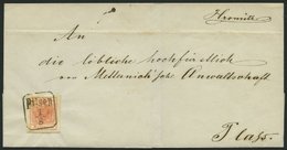 ÖSTERREICH 3Y BRIEF, 1858, 3 Kr. Rot, Maschinenpapier, Type IIIa, R3 PILSEN, Breitrandiges Prachtstück Auf Brief Nach Pl - Gebraucht