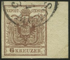 ÖSTERREICH 4Y O, 1854, 6 Kr. Braun, Maschinenpapier, Type III, Randstück Rechts 9 Mm, K1, Pracht - Oblitérés