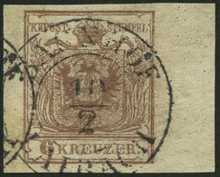 ÖSTERREICH 4Y O, 1854, 6 Kr. Braun, Maschinenpapier, Type III, Randstück Rechts 8 Mm, K2 BAHNHOF LAIBACH, Pracht - Usati