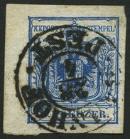 ÖSTERREICH 5X O, 1850, 9 Kr. Blau, Handpapier, Linkes Randstück, K2 BAHNHOF PEST, Pracht - Usados