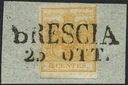 LOMBARDEI UND VENETIEN 1Xa BrfStk, 1850, 5 C. Gelb, Handpapier, Type Ib, Erstdruck, Randdruck Rechts, L2 BRESCIA, Pracht - Lombardo-Venetien