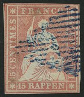 SCHWEIZ BUNDESPOST 15Ia O, 1854, 15 Rp. Hellrötlichkarmin, 1. Münchner Druck, (Zst. 24Aa), Blaue Raute, Teils Leicht Ber - 1843-1852 Kantonalmarken Und Bundesmarken