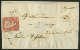 SCHWEIZ BUNDESPOST 15Ib BRIEF, 1855, 15 Rp. Hellilakarmin, 2. Münchner Druck, (Zst. 24Ad), Oben Teils Angeschnitten Sons - 1843-1852 Federal & Cantonal Stamps