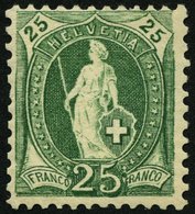 SCHWEIZ BUNDESPOST 59XC *, 1882, 25 C. Grün, Kontrollzeichen X, Gezähnt K 111/2:11, (Zst. 67C) Falzrest, üblich Gezähnt  - 1843-1852 Timbres Cantonaux Et  Fédéraux