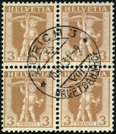 SCHWEIZ BUNDESPOST 95 VB O, 1907, 2 C. Dunkelocker Im Zentrisch Gestempelten Viererblock, Pracht - 1843-1852 Correos Federales Y Cantonales