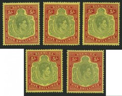 BERMUDA-INSELN 113a,b **,* , 1939-45, 5 Sh. Rot/grün Auf Gelb Und Rot/hellgrün Auf Gelb, Gezähnt 14, 5 Werte In Nuancen, - Bermuda