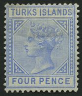 TURKS- UND CAICOS-INSELN 19 *, 1881, 4 P. Hellblau, Falzreste, Pracht, Mi. 120.- - Turks E Caicos