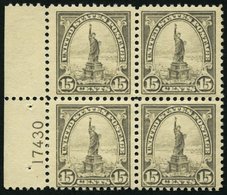 USA 277 VB **, Scott 566, 1922, 15 C. Freiheitsstatue Im Postfrischen Plattenviererblock, Pracht - Other & Unclassified