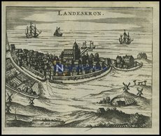 LANDSKRONA, Gesamtansicht Mit Reizender Schiffsstaffage, Kupferstich Von Zeiller 1655 - Lithographien