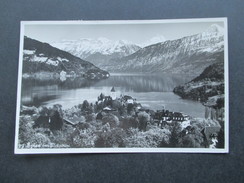 Schweiz AK Spiez 1939 Nr. 213 Flugpost Eindecker. Stempel: Schweiz Landesausstellung 1939 Postbureau Zürich - Lettres & Documents
