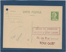 France Entiers Postaux - Type Muller 12 Fr Vert -  Carte Postale Envoyée Par Ballon - Cartes Postales Types Et TSC (avant 1995)