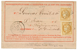 1871 10c BORDEAUX (n°43) X2 Obl. GC + T.17 PERPIGNAN Sur AVIS DE RECEPTION Complet. Rare. TB. - Altri & Non Classificati