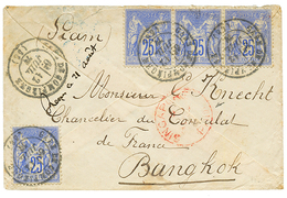 "Tarif PRE-U.P.U Pour Le SIAM" : 1877 25c SAGE(x4) Obl. GARE DE COMPIEGNE + SINGAPORE PAID Rouge Sur Enveloppe Pour BANG - Altri & Non Classificati