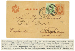 LIECHTENSTEIN : 1880 AUSTRIA P./Stat 2k (tear) + 3kr Canc. Small Cachet VADUZ To ENGLAND. GREAT RARITY. F/Vf. - Altri & Non Classificati