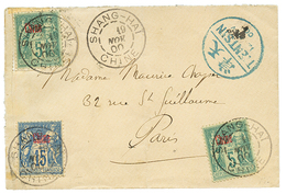 1900 French CHINA 5c(x2) + 15c Canc. SHANG-HAI CHINE + Chinese Blue Cachet TIENTSIN On Envelope To FRANCE. Nice Combinat - Altri & Non Classificati