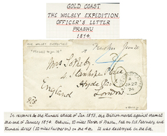 GOLD COAST - THE WOLSEY EXPEDITION : 1874 "PRASHU June 20" Manus. + CAPE COAST CASTLE + "6" Tax Marking On Envelope To L - Costa D'Oro (...-1957)