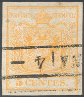 10 1850 - 5 Cent. Giallo, I Tiratura (1a), Perfetto, Usato. Cert. Fiecchi.... - Lombardo-Veneto