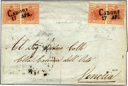 55 1851 - 15 Cent. Rosso Vermiglio Due Coppie Orizzontali, Una I + II Tipo, L'altra Entrambi I Tipo, Ca... - Lombardo-Veneto